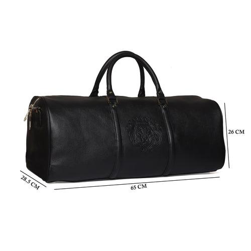 Embossed Lion Unisex Black Textured Leather Duffle Bag With Bag Tag By Brune & Bareskin