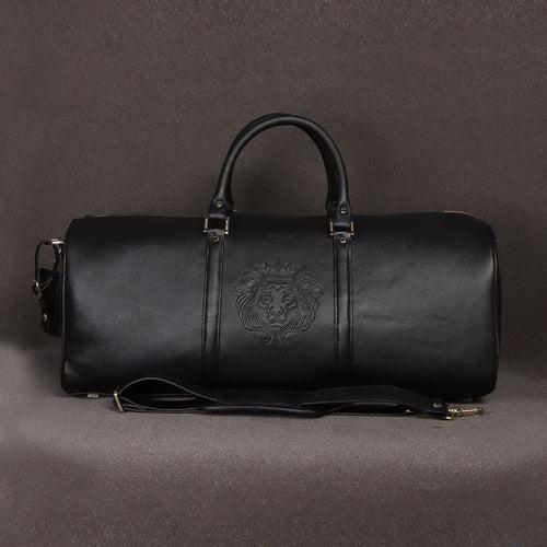 Embossed Lion Unisex Black Textured Leather Duffle Bag With Bag Tag By Brune & Bareskin