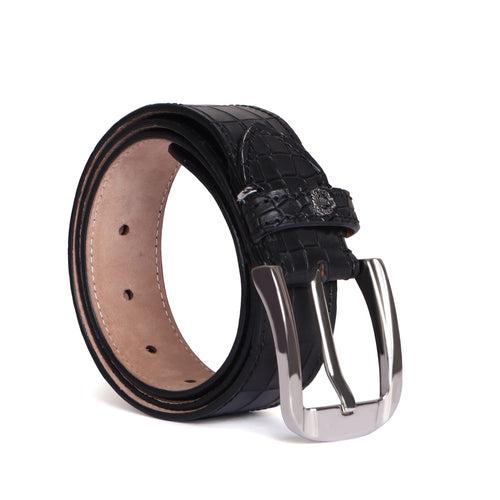 Mini Lion Black Deep Cut Croco Print Leather Silver Buckle Belt By Brune & Bareskin