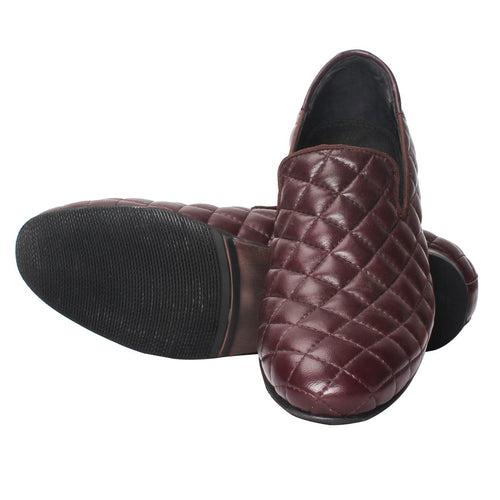 Wine Leather Long Vamp Diamond Stitched Genuine Slip On By Bareskin