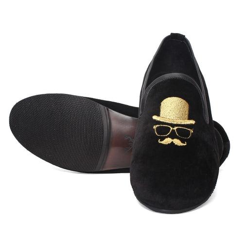 Black Velvet/Gentlemen Golden Embroidery Slip-On Shoes By Brune & Bareskin