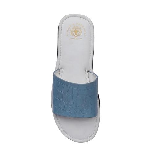 Sky Blue Embossed Lion Deep Cut Croco Strap White Leather Slide-In-Slippers by Brune & Bareskin