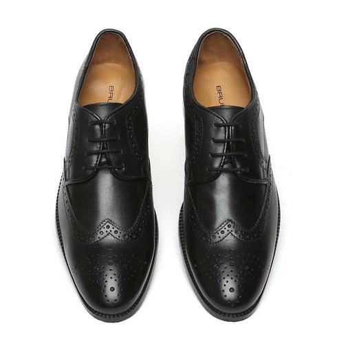 Black Leather Hand Finished Full Brogue Wingtip Formal Shoes By Brune