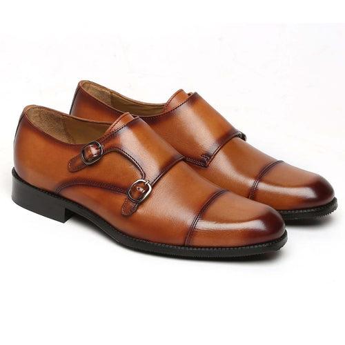 Tan Genuine Leather Cap Toe Double Monk Strap Formal Shoes By Brune & Bareskin