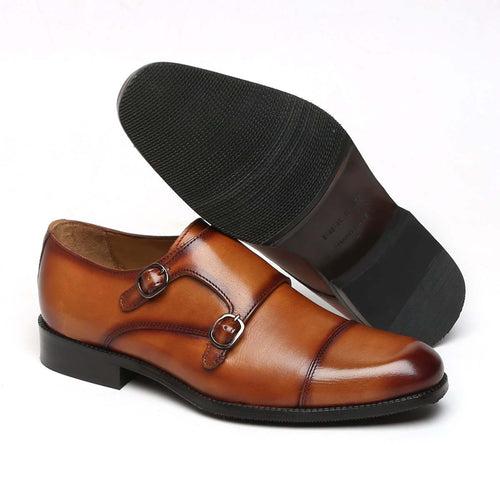 Tan Genuine Leather Cap Toe Double Monk Strap Formal Shoes By Brune & Bareskin