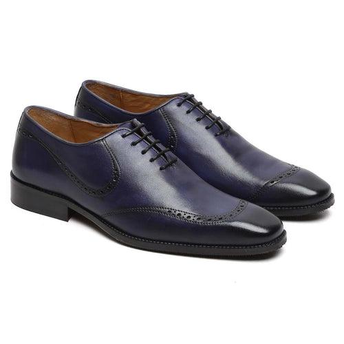 Blue Hand Painted Genuine Leather Quarter Brogue Formal Shoes By Brune