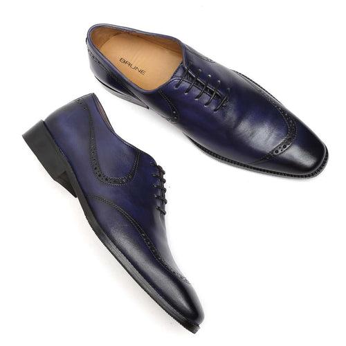 Blue Hand Painted Genuine Leather Quarter Brogue Formal Shoes By Brune