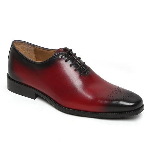 Red Burnished Leather Medallion Toe Whole Cut/One Piece Oxford Shoes By Brune & Bareskin