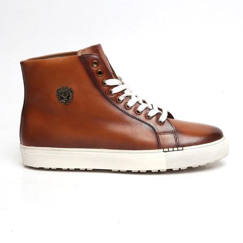 Burnished Tan High Ankle Lace-Up Genuine Leather Sneakers By Brune & Bareskin