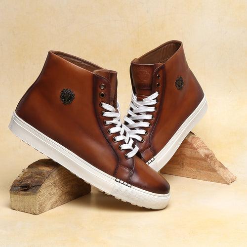 Burnished Tan High Ankle Lace-Up Genuine Leather Sneakers By Brune & Bareskin