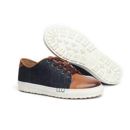 Tan Leather With Blue Denim Lace Up Casual Sneakers By Bareskin