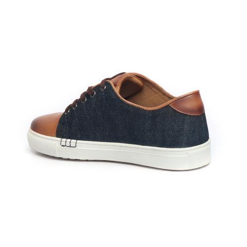 Tan Leather With Blue Denim Lace Up Casual Sneakers By Bareskin
