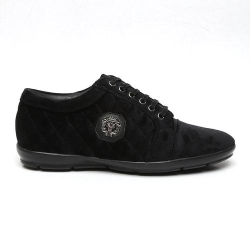 Diamond Stitched Black Velvet Silver Lion Logo Sneaker By Bareskin