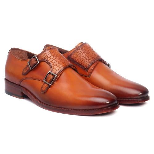 Orangish Tan Croco Strap Double Monk Leather Shoes by Brune & Bareskin