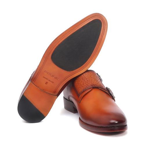 Orangish Tan Croco Strap Double Monk Leather Shoes by Brune & Bareskin