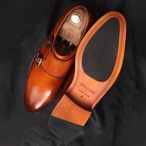 Orangish Tan Croco Strap Double Monk Leather Shoes by Brune & Bareskin