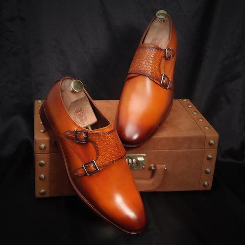 Orangish Tan Croco Strap Double Monk Leather Shoes by Brune & Bareskin