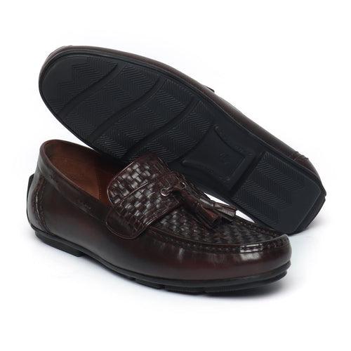 Dark Brown Weaved Vamp & Tassel Leather Loafers Shoe