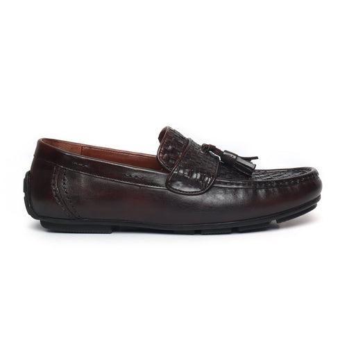 Dark Brown Weaved Vamp & Tassel Leather Loafers Shoe