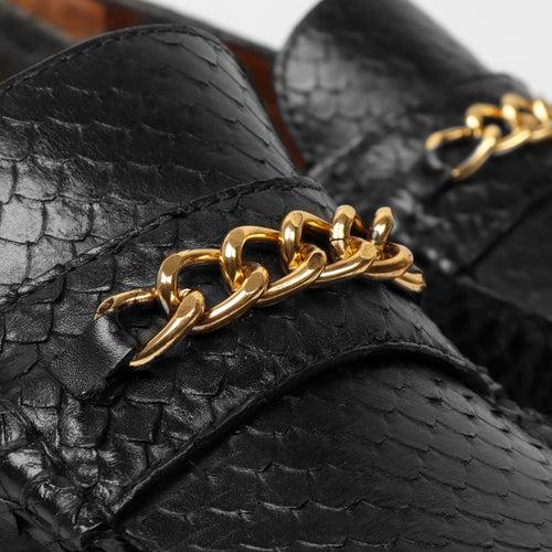 Black Snake Scales Leather Loafers with Golden Chain by Brune & Bareskin