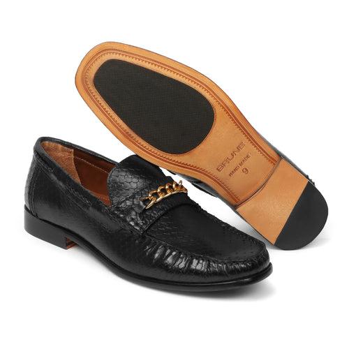 Black Snake Scales Leather Loafers with Golden Chain by Brune & Bareskin