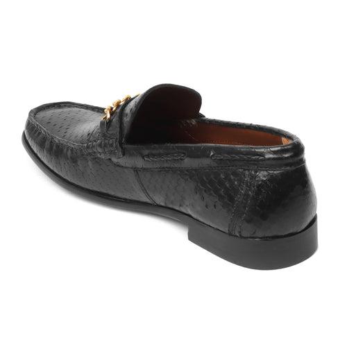 Black Snake Scales Leather Loafers with Golden Chain by Brune & Bareskin