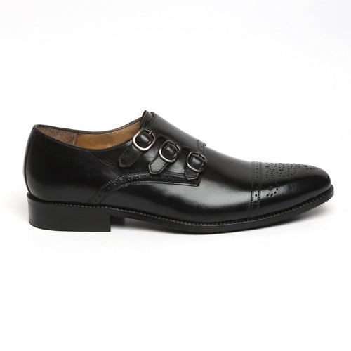 TRIPLE MONK STRAP MEDALLION TOE LEATHER SHOES BY BRUNE & BARESKIN