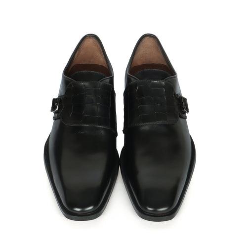 Single Monk Croco Print Buckled Strap Black Genuine Leather Men's Formal Shoes By Brune & Bareskin