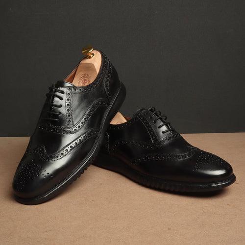 Light Weight Collection Black Leather Brogue Shoe with Flat Cushioned Sole