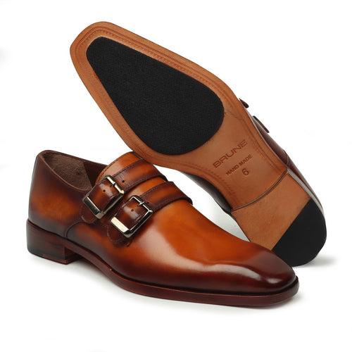 Squared Toe Tan Leather Sole Parallel Double Monk Strap Shoes by Brune & Bareskin