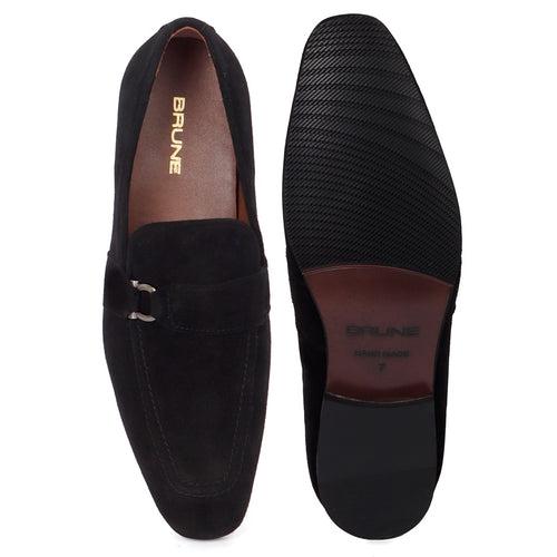 Black Suede Leather Metal Trim Strap Penny Loafers for Men by Brune & Bareskin