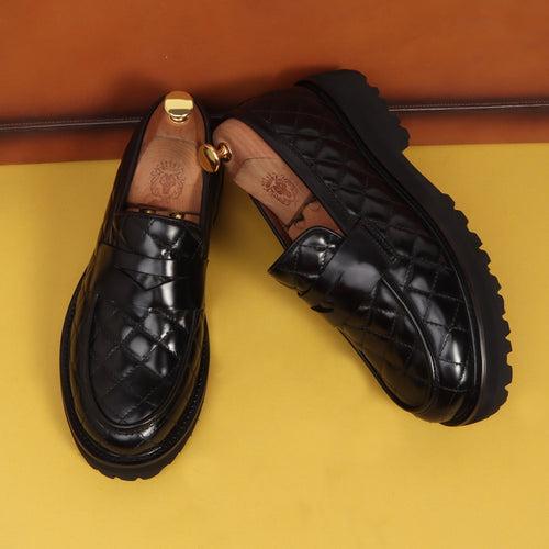 Black Diamond Stitched Leather Lug Sole Light Weight Loafer For Men by Brune & Bareskin