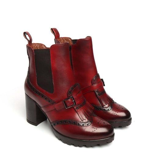 Wine Brogue Monk Strap Fringes Ladies Chelsea Boots By Brune