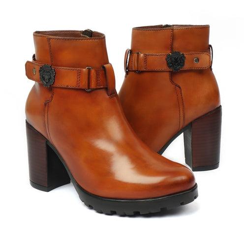 Tan Leather Adjustable Snap Button Strap Ankle Length Ladies Boots by Brune & Bareskin