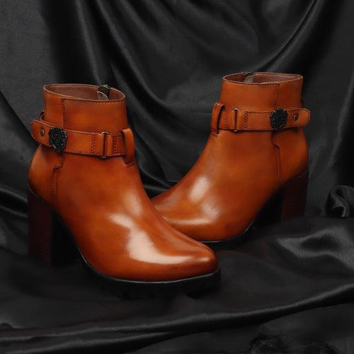 Tan Leather Adjustable Snap Button Strap Ankle Length Ladies Boots by Brune & Bareskin