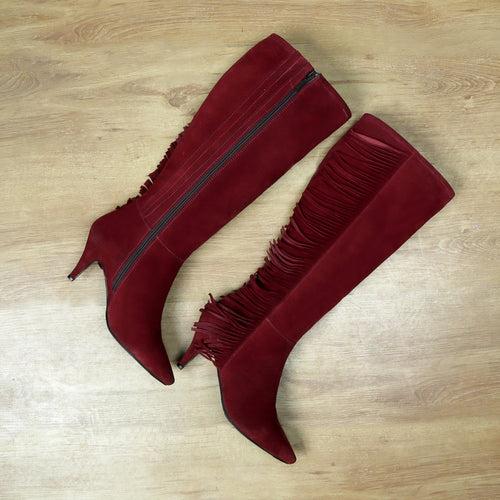 Enlongated Side Fringes Pointed Toe Wine Kitten Heel Suede Leather Knee Height Zipper Boot By Brune & Bareskin