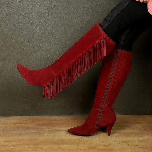 Enlongated Side Fringes Pointed Toe Wine Kitten Heel Suede Leather Knee Height Zipper Boot By Brune & Bareskin