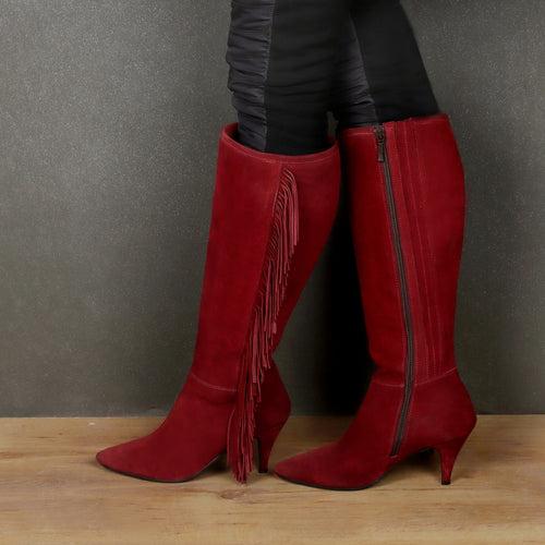 Enlongated Side Fringes Pointed Toe Wine Kitten Heel Suede Leather Knee Height Zipper Boot By Brune & Bareskin
