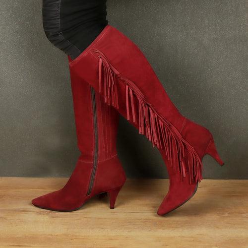 Enlongated Side Fringes Pointed Toe Wine Kitten Heel Suede Leather Knee Height Zipper Boot By Brune & Bareskin