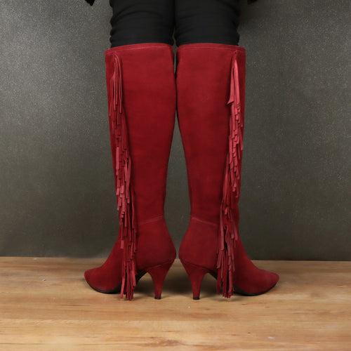 Enlongated Side Fringes Pointed Toe Wine Kitten Heel Suede Leather Knee Height Zipper Boot By Brune & Bareskin