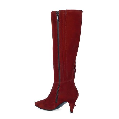 Enlongated Side Fringes Pointed Toe Wine Kitten Heel Suede Leather Knee Height Zipper Boot By Brune & Bareskin