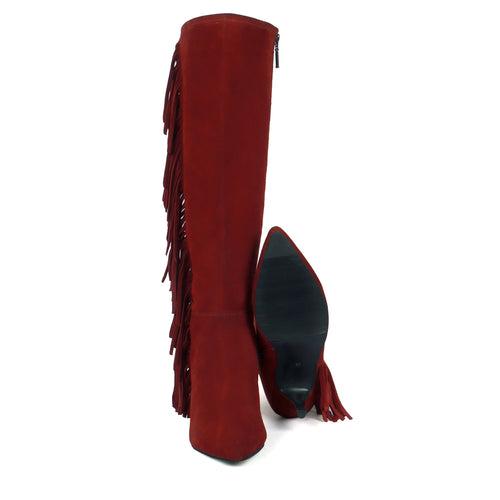 Enlongated Side Fringes Pointed Toe Wine Kitten Heel Suede Leather Knee Height Zipper Boot By Brune & Bareskin