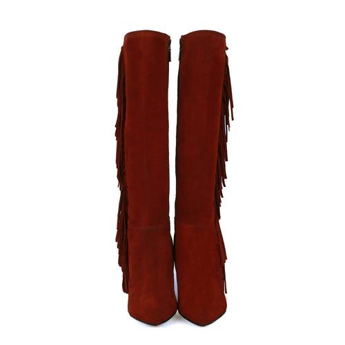 Enlongated Side Fringes Pointed Toe Wine Kitten Heel Suede Leather Knee Height Zipper Boot By Brune & Bareskin