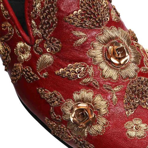 Maroon Leather Flower Design Copper Gold Zardosi Embroidery Slip-On Shoes By Brune & Bareskin