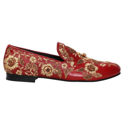 Maroon Leather Flower Design Copper Gold Zardosi Embroidery Slip-On Shoes By Brune & Bareskin