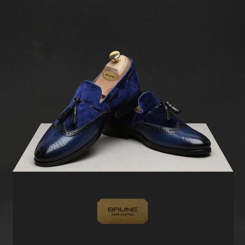 NAVY LEATHER / VELVET SIDE LACING TASSEL SLIP-ON SHOES BY BRUNE