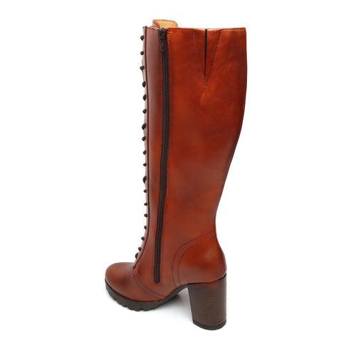 Tan Leather Knee Height Full Lace Up Ladies Boots By BRUNE