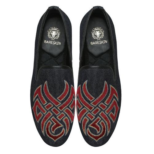 Red Embroidered Denim Men Slip-Ons