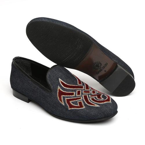 Red Embroidered Denim Men Slip-Ons