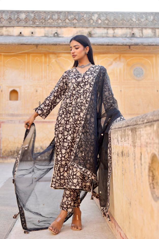 Black handblock cotton straight set with mirror work organza dupatta